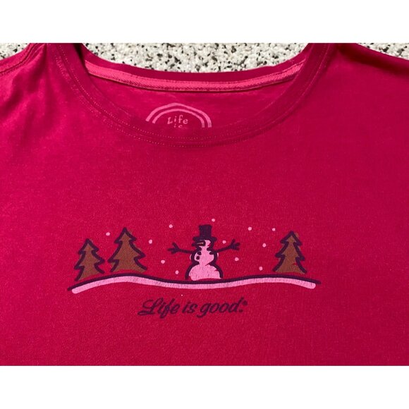 Life Is Good Women Pink Snowman Short Sleeve Tee Shirt Gorpcore Outdoor LARGE - Picture 2 of 4